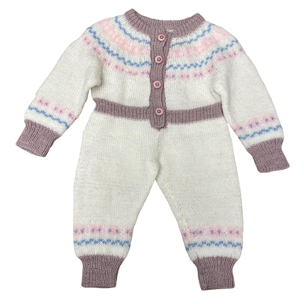 Handmade Knit Romper Kids 3 Mos? White Pink Fair Isle Excellent One Piece Suit